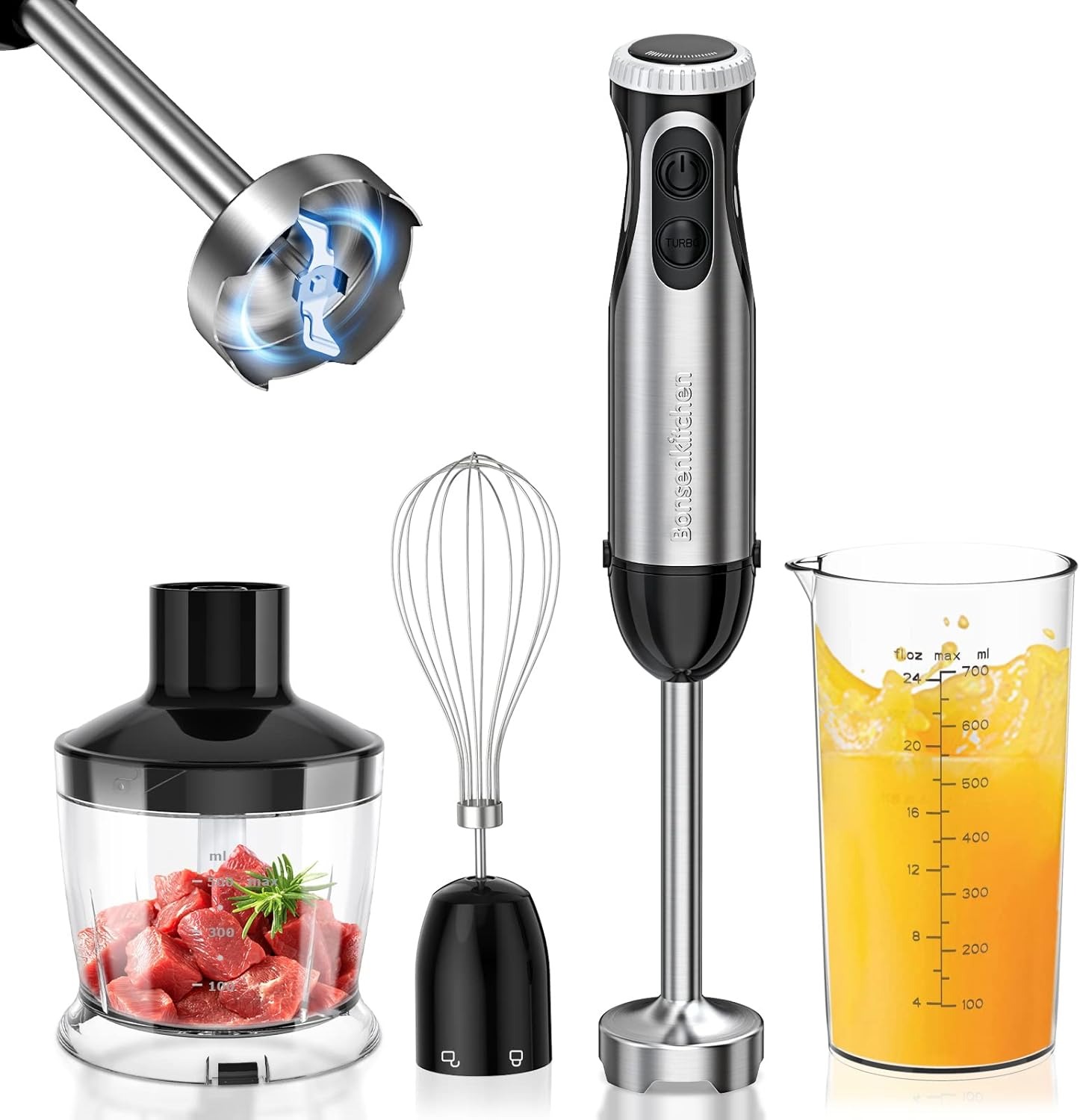 Bonsenkitchen Frullatore a Immersione Multifunzione 4 in 1, Minipimer in Acciaio Inox, 1000 W, 20 Velocità Regolabili, con Frusta, Tritatutto da 500 ml
