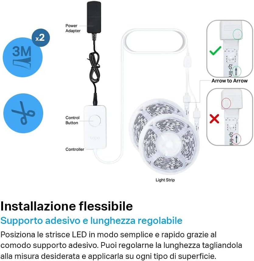Tapo L900 Smart Wi-Fi Striscia LED, Controllo Vocale Compatibile con Alexa e Google Assistant, 2 Confezioni L900-5 con 1 Alimentatore, Sync-to-Music, Accorciabile e Controllo dall'APP