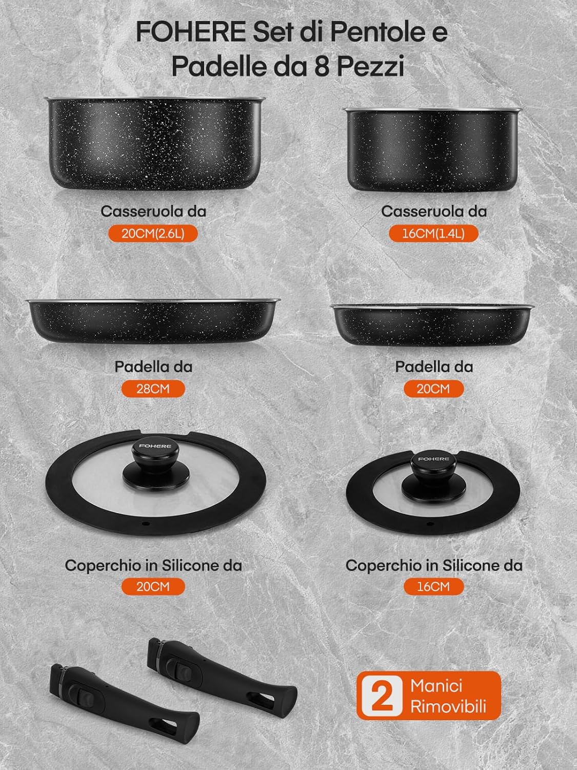 FOHERE 8-Piece Cookware Set with 2 Removable Handles and 2 Lids, Frying Pan 20/28 cm, Saucepan 16/20 cm, Non-Stick for Cookware, Aluminium, Suitable for Induction, Dishwasher, Gas and Oven