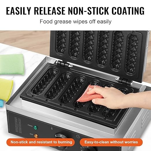 VEVOR Waffle Stick Maker Commerciale, 6 Pezzi 1500W Macchina Waffle Antiaderente in Acciaio Inox per Hot Dog di Mais con Controllo Temperatura Tempo, Maniglia, per Ristorante Panetteria Snack Bar