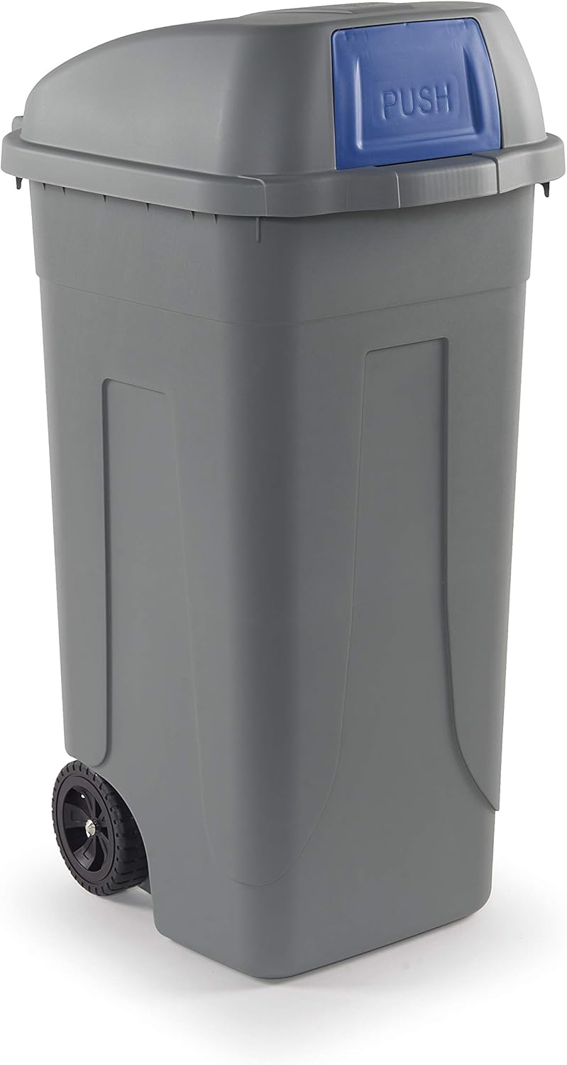Mobil Plastic - Bidone Raccolta Differenziata 100L | Contenitore Rifiuti con Coperchio a campana e aletta basculante di colore Blu | Pattumiere Ecologiche per Casa e Ufficio - Corpo Grigio