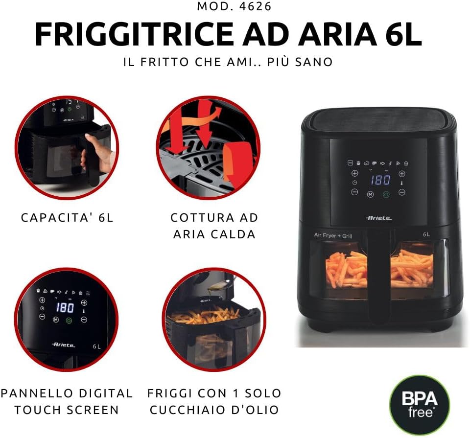 Ariete 4630 Air Fryer 9L, 1500 W, 9L Capacity, 2.5 kg Cooking Capacity, 8 Preset Programmes, Temperature up to 200°, Transparent Basket for Cooking Control, Black
