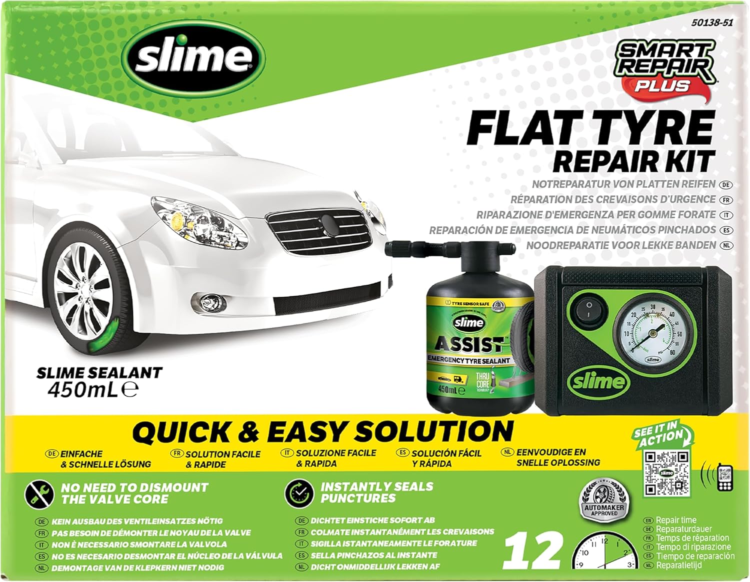 Slime CRK0305-IN Pneumatico Antiforatura, Riparazione Intelligente, Kit di Emergenza, Contiene Sigillante e Compressore, per Auto e Altri Veicoli Stradali, Riparazione in 15 min