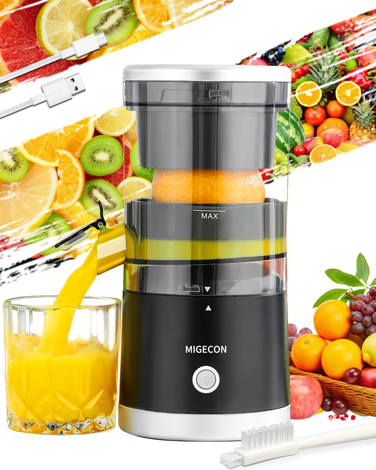 Spremiagrumi Elettrico Ricaricabile - Macchina per Succo di Agrumi con USB e Portatile, Funzione Antigoccia per Arance, Limoni, Pompelmi, Include Spazzola per la Pulizia (Nero)