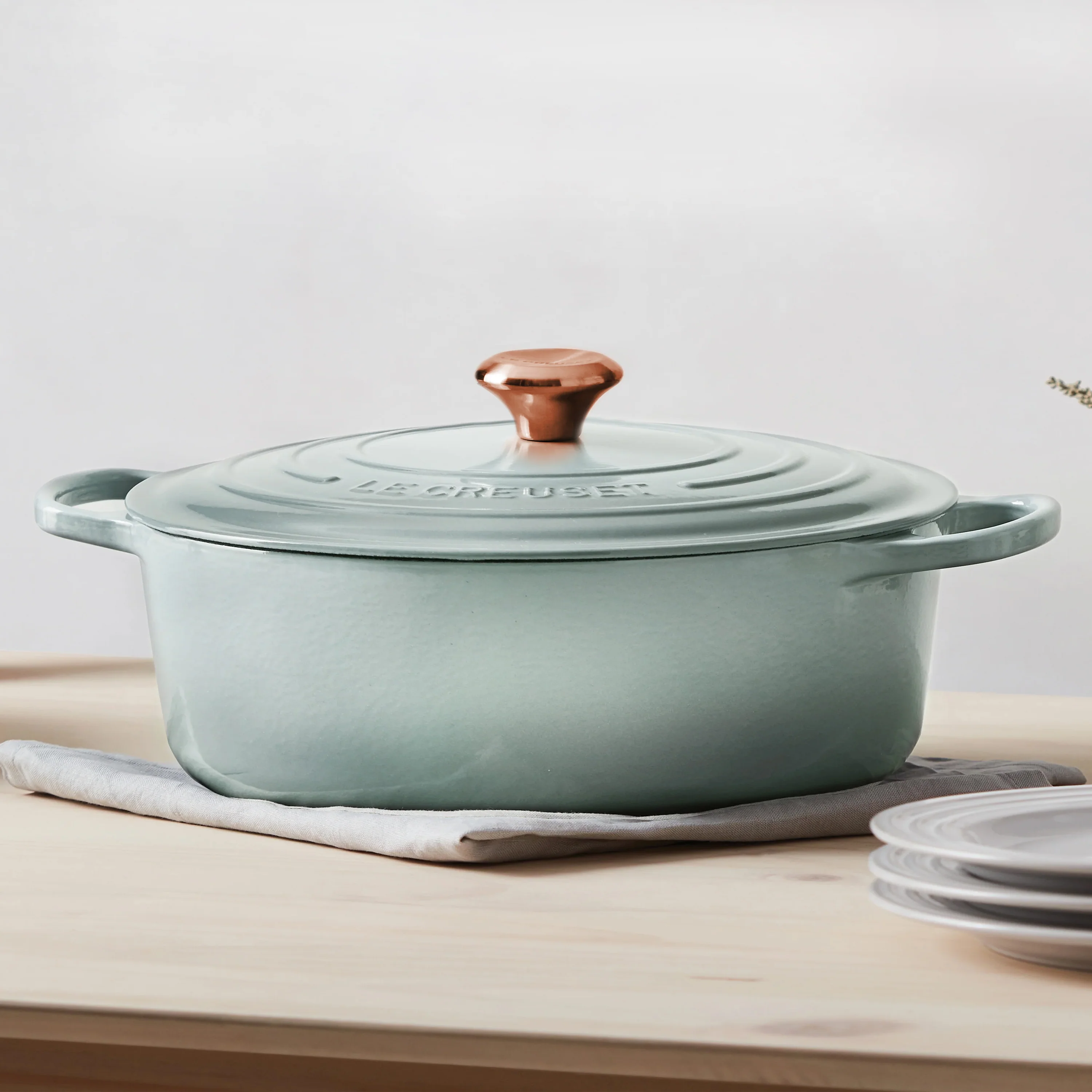 Le Creuset Signature – Forno Olandese Rotondo e Largo in Ghisa Smaltata da 6,75 qt, colore Sea Salt, con Pomello in Rame