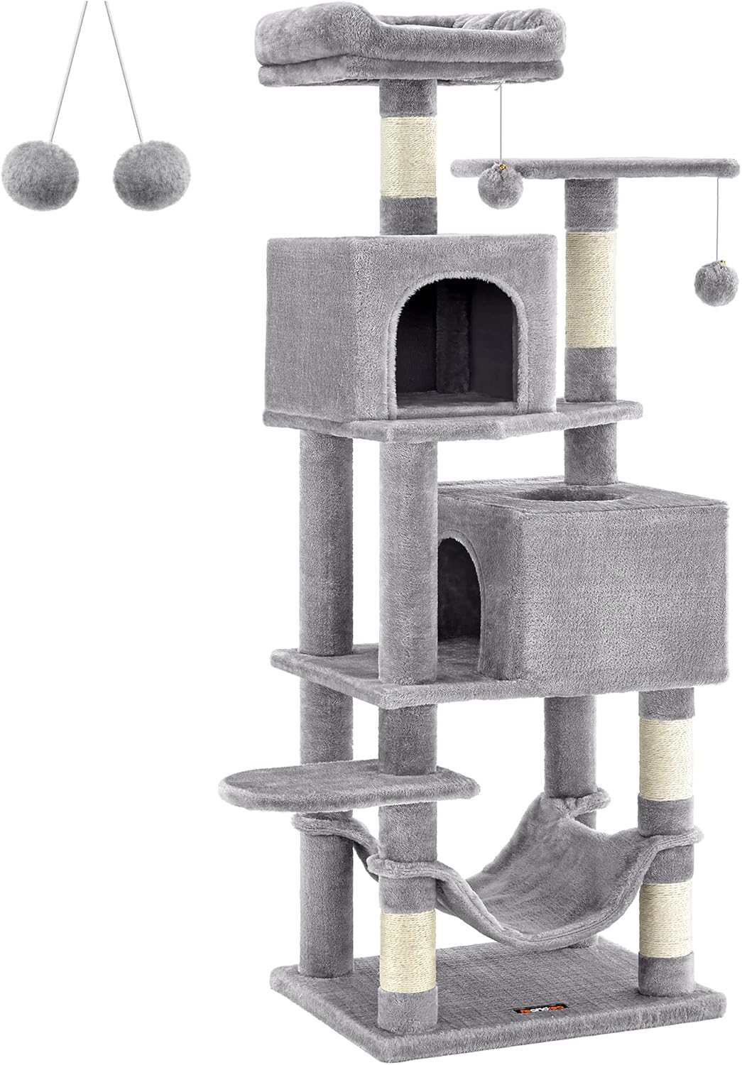Feandrea 155 cm High Cat Tree with 5 Scratching Poles, 2 Perches, 2 Caves, Hammock, 2 Pompoms, Multi-Level Plush, Light Grey PCT192W01