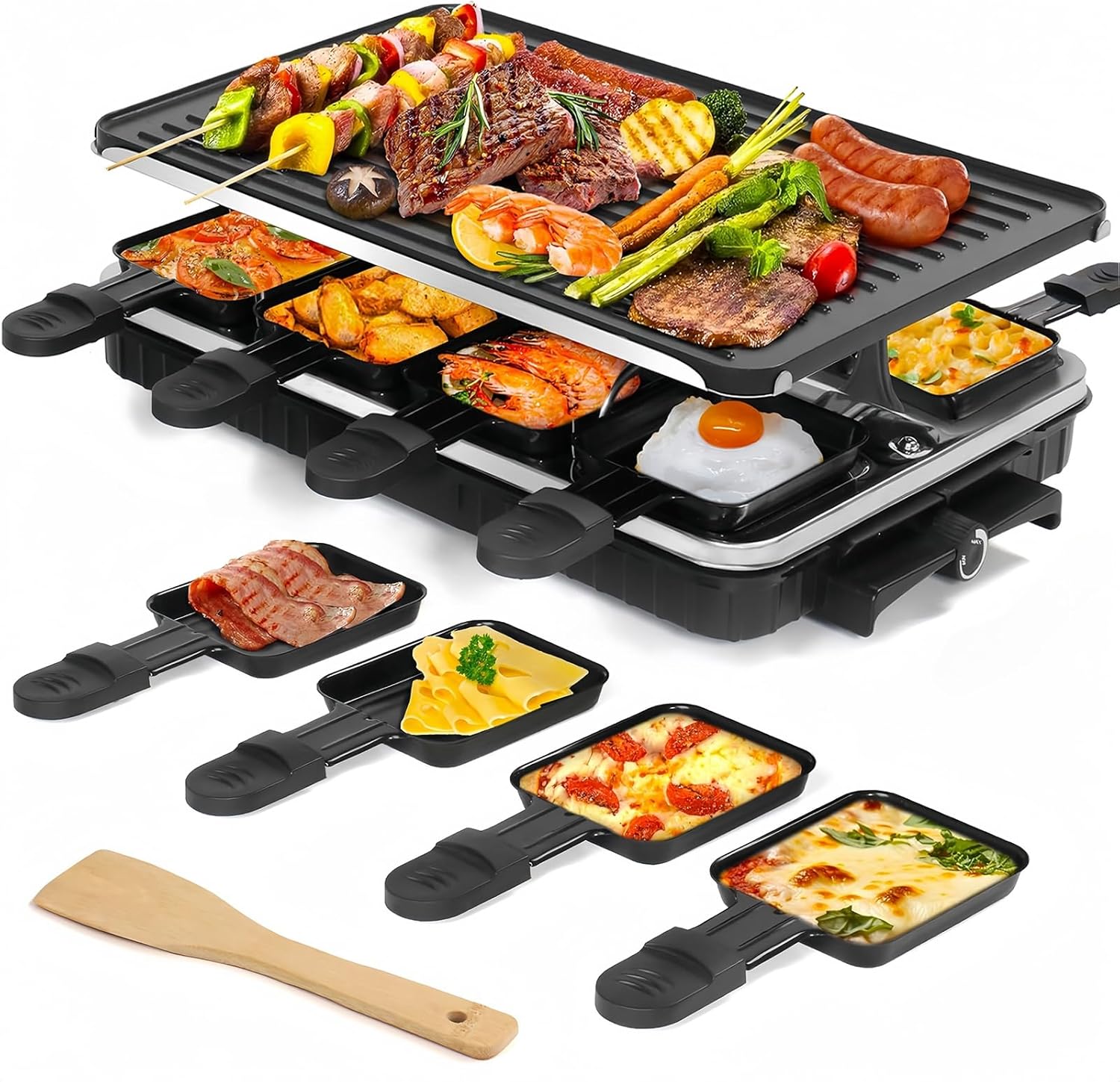 LeuKoles Griglia per Raclette, Raclette 8 Persone, 1300W Griglia Elettrica Antiaderente Reversibile con 8 Padelline per Formaggio Raclette in Miniatura e 1 Spatola di Legno, per Barbecue al Chiuso