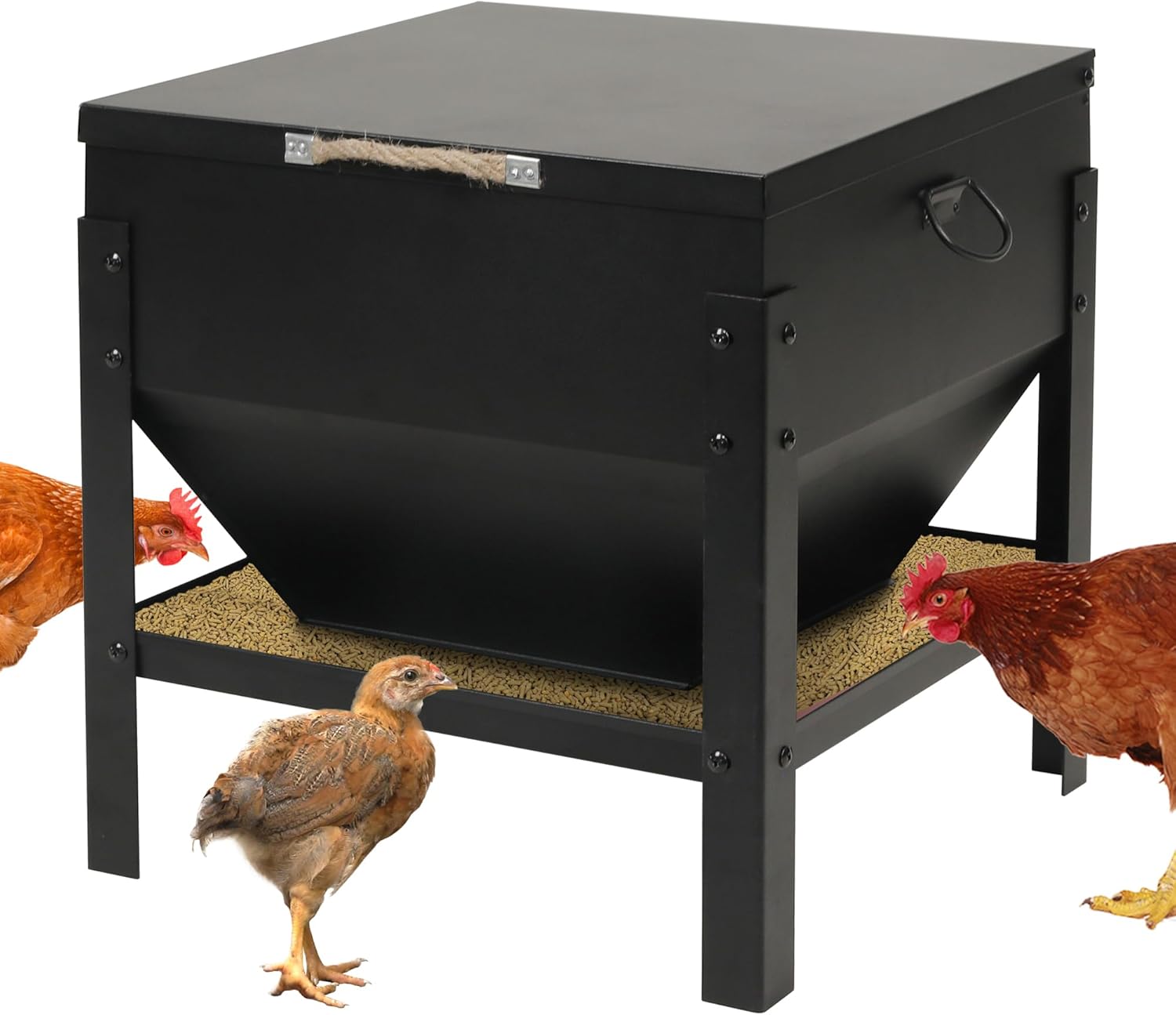 JonesHouseDeco Mangiatoia per Galline Automatico, 80LB Metallico Mangiatoia Galline, Distributore Automatica, Gravità Naturale Tramoggia, Anti-Spreco, per Polli Pollame Galline Alta Qualità