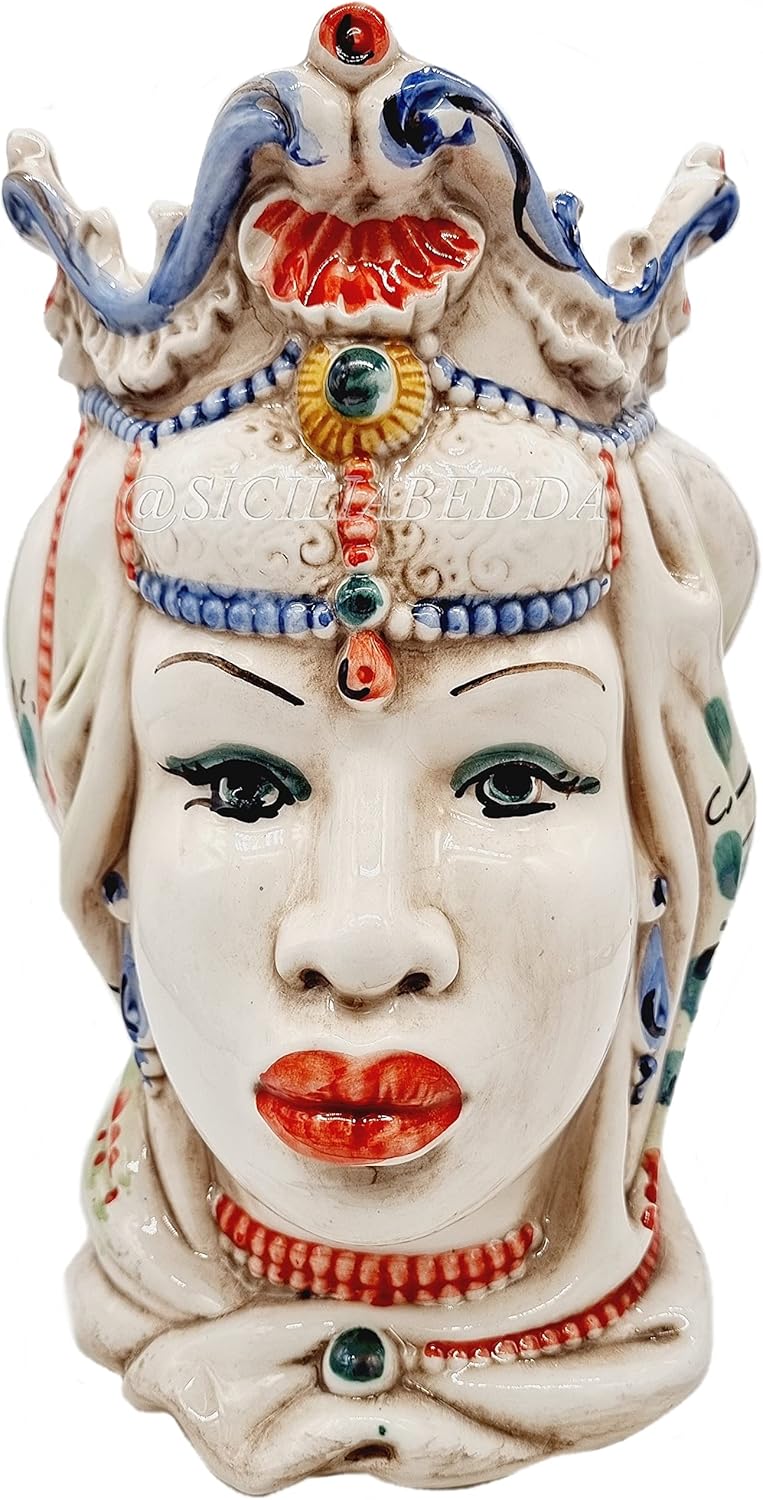 sicilia bedda - Teste di Moro Siciliane in Ceramica di Caltagirone - Realizzato Interamente a Mano - Altezza 18 Centimetri (Coppia Teste di Moro Saraceno Verde)