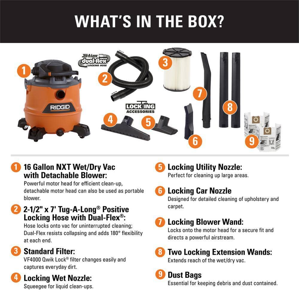 Aspirapolvere da officina NXT per liquidi/secchi da 16 galloni e 6,5 CV di picco con soffiatore staccabile, filtro, sacchetti per la polvere, tubo flessibile di bloccaggio e accessori HD1600B