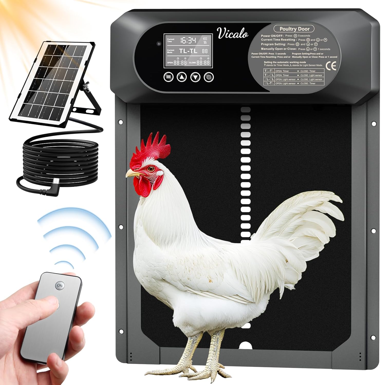 Vicalo Porta Automatica Pollaio solare, Grande Porta Pollaio Automatica con Display LCD Impermeabile, Sensore di Luce, Timer, Telecomando, Manuale, Sportello Elettrico Automatico per Pollo, Protezione