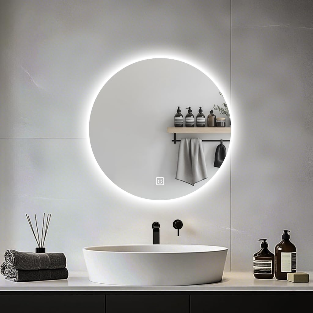 JAMUBOCHE Specchio da bagno a LED per sopra il lavandino, specchio elettrico rotondo da 50 cm con luci retroilluminate per doccia e rasatura, montaggio a parete, dimmerabile, illuminazione a 3 colori