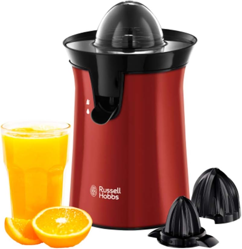 Russell Hobbs Spremiagrumi Elettrico Rosso - Rotazione Bidirezionale - 2 Coni Dimensioni diverse - Limoni e Arance - Acciaio Inox, Antigoccia, Lavabile in Lavastoviglie, no BPA, Spremiagrumi 26010-56