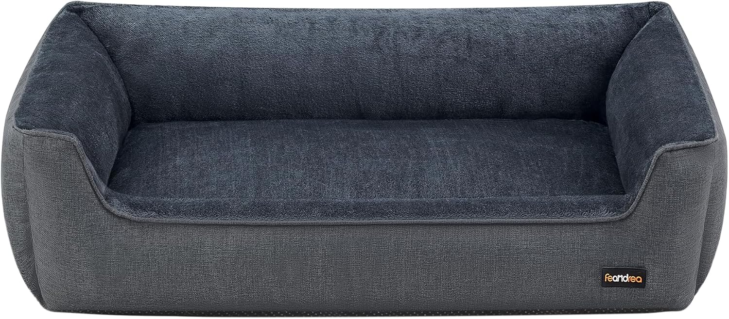 Feandrea Cuccia per Cani, Lettino per Animali in Simil Lino, Bordi Rialzati, Fondo Antiscivolo, Copertura Sfoderabile per Lavaggio, Taglia M per Cane Piccolo, 70 x 55 x 21 cm, Grigio Chiaro PGW10GG