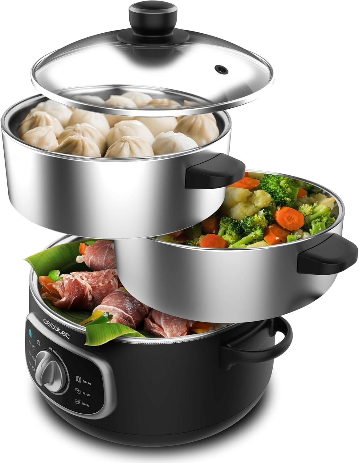 Cecotec Vapovita Steelpot Electric Steamer. Power 1300W, Stainless Steel Containers, 10L Capacity, Adjustable Time, Automatic Shutdown, Easy Cleaning, Special Lid, Healthy Cooking, Safety