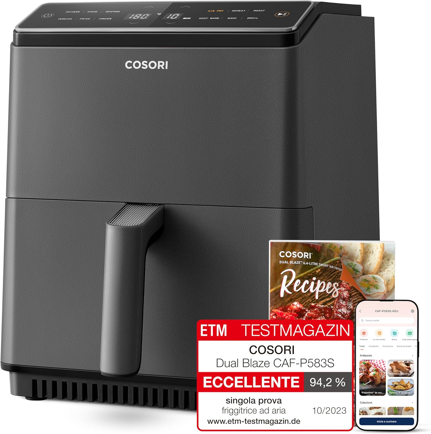 COSORI Clear Blaze Air Fryer 6.2 Litre with Window, 1700W, with 11 Functions, One-Touch Display, Adjustable Time and Temperature 75-205°C, 30 Paper Recipes & 50 Online, Light Black