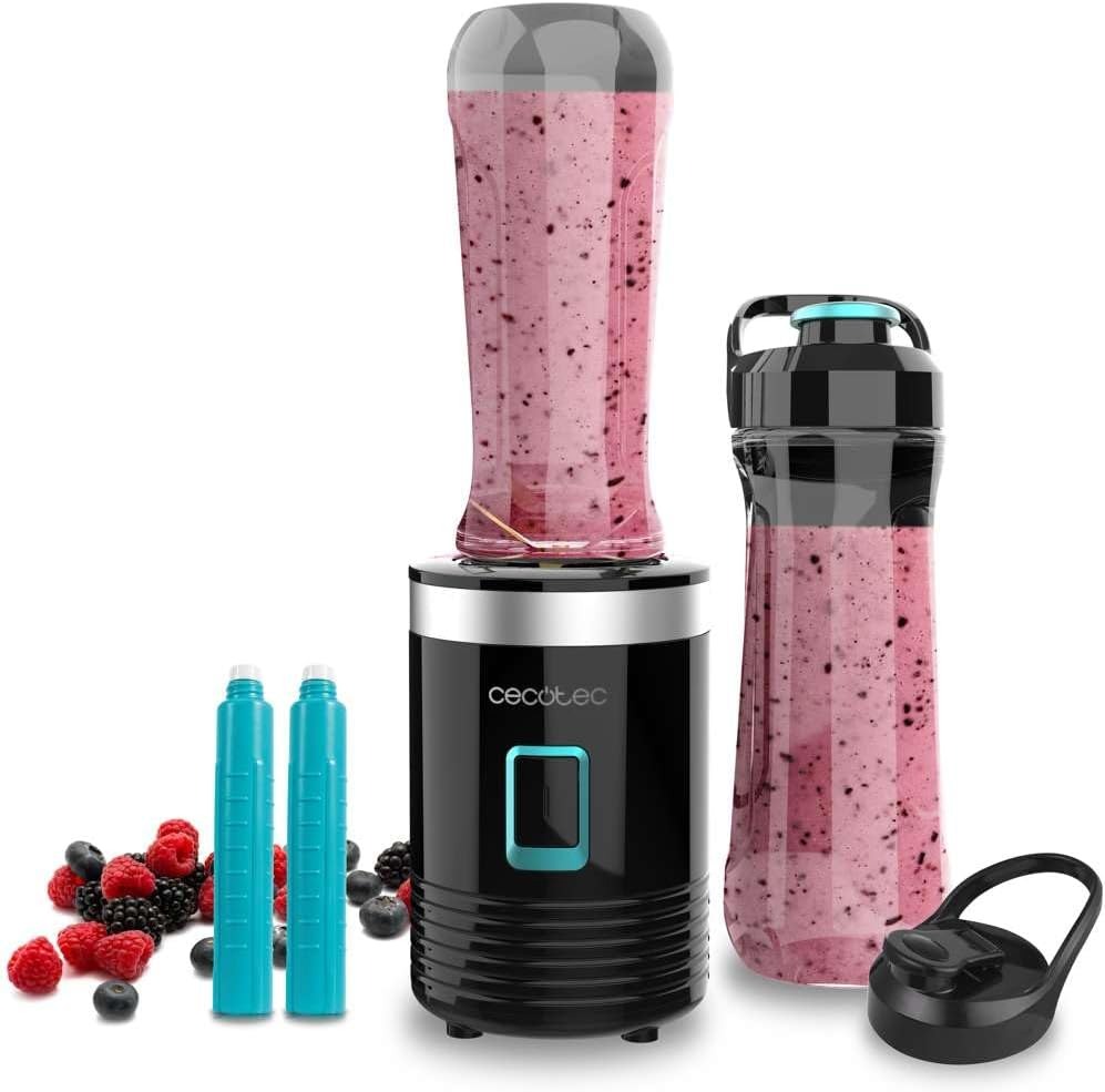 Cecotec Frullatore Portatile Individuale Power Titanium 300 EasyGo. 350W, Trita Ghiaccio, 4 lame con Rivestimento in Titanio Nero, Include 2 Tubi Refrigeranti, 2 Bicchieri Portatili e 2 Coperchi