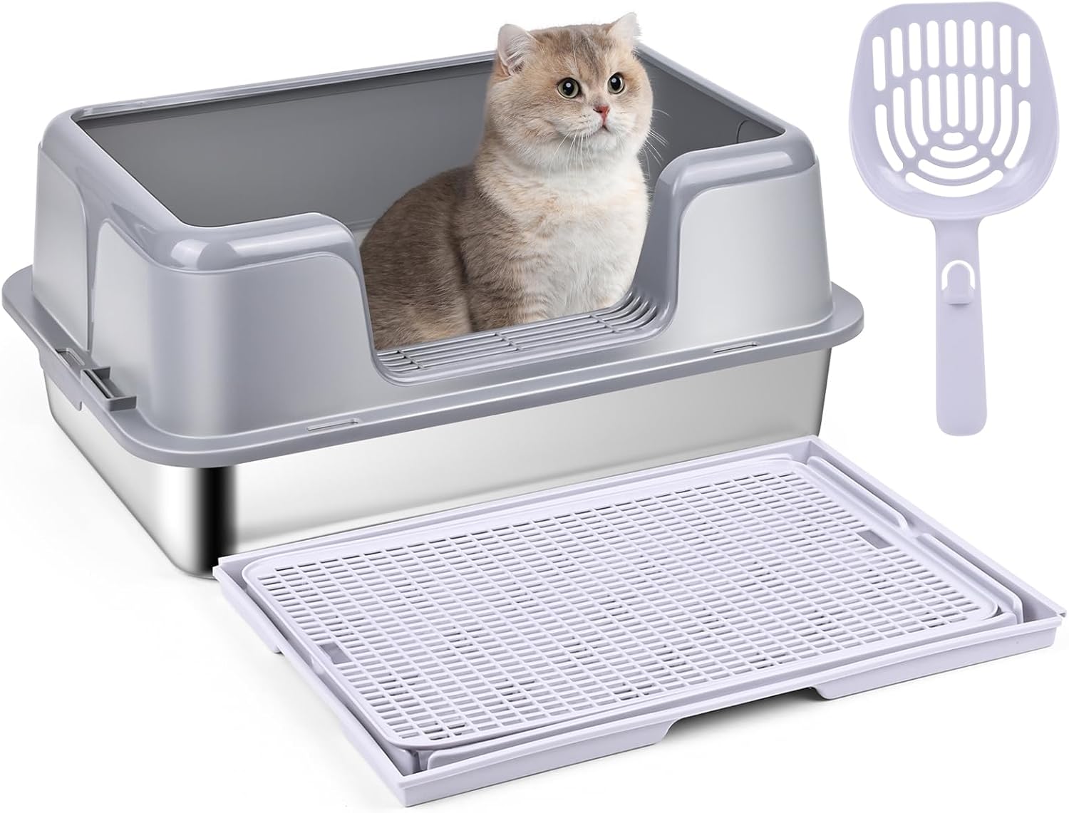 Lettiera Gatto Acciaio Inox, Banaone XL Toilette per Gatti, 20L Paletta Lettiera Gatto con Paletta in Metallo, Lettiera Gatto Aperta per Gatti di Piccola e Media Taglia, Antiaderente, Antiodore (B)