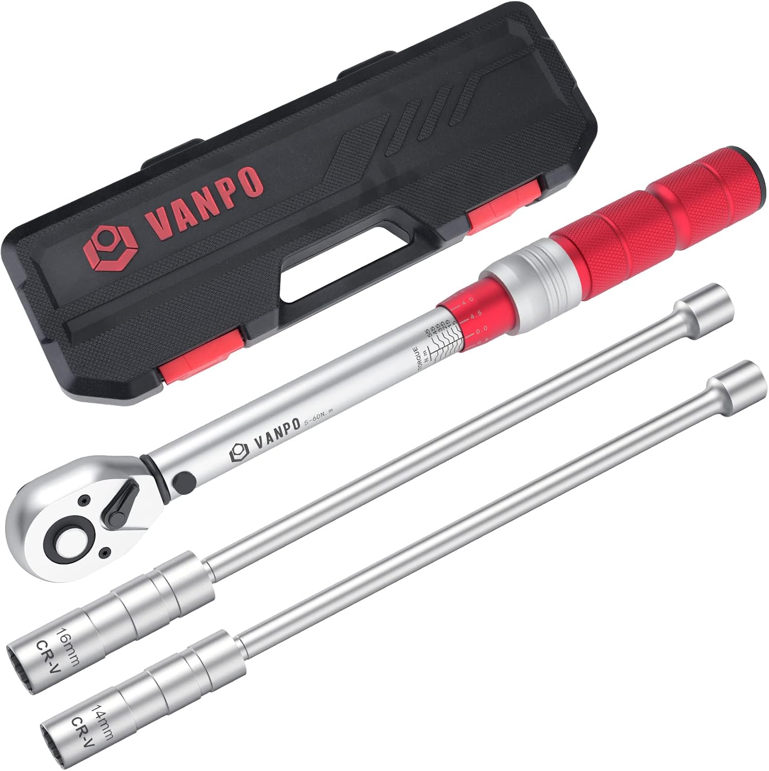 VANPO Chiave Dinamometrica 3/8'', 5-60Nm Moto e Bici Chiavi Manutenzione Set, Precisione ± 3% con 25cm Barra di Prolunga, Giunto Universale, Presa Magnetica per Candele, Torx e Presa