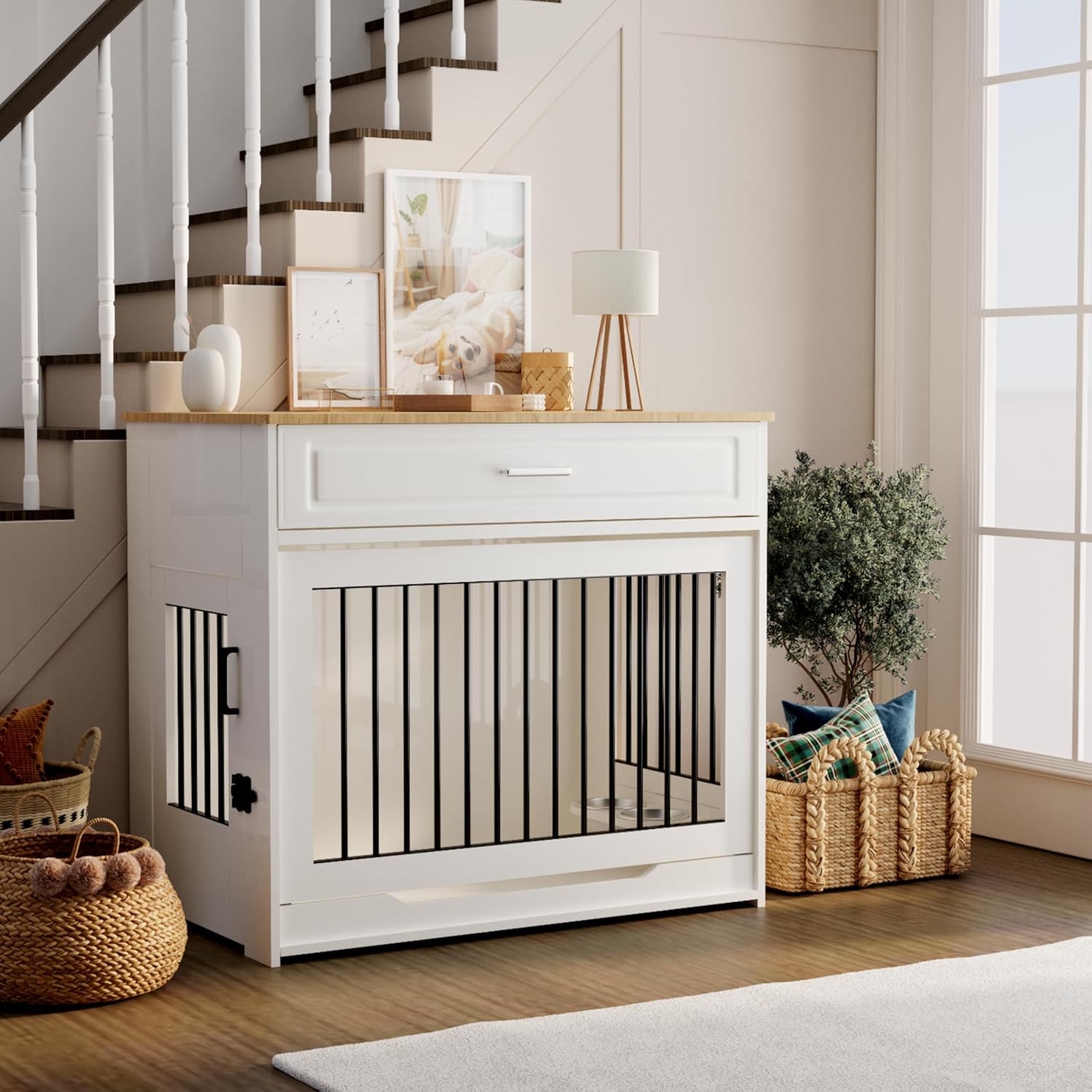 DAWNYIELD Mobili per Cani, Gabbia per Cani in Legno con Porta Scorrevole e Cassetto, Tavolino da Interno in Stile Arredamento con Ciotola Girevole a 360掳, Bianco