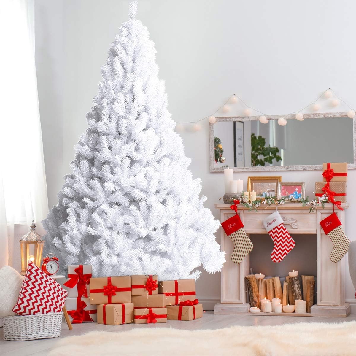 COSTWAY Albero di Natale 150/180/210/240 cm, Albero di Natale Bianco con 350/650/950/1138 Rami in PVC e Supporto in Metallo, Albero di Natale Artificiale per Casa, Ufficio e Negozio (180 cm)