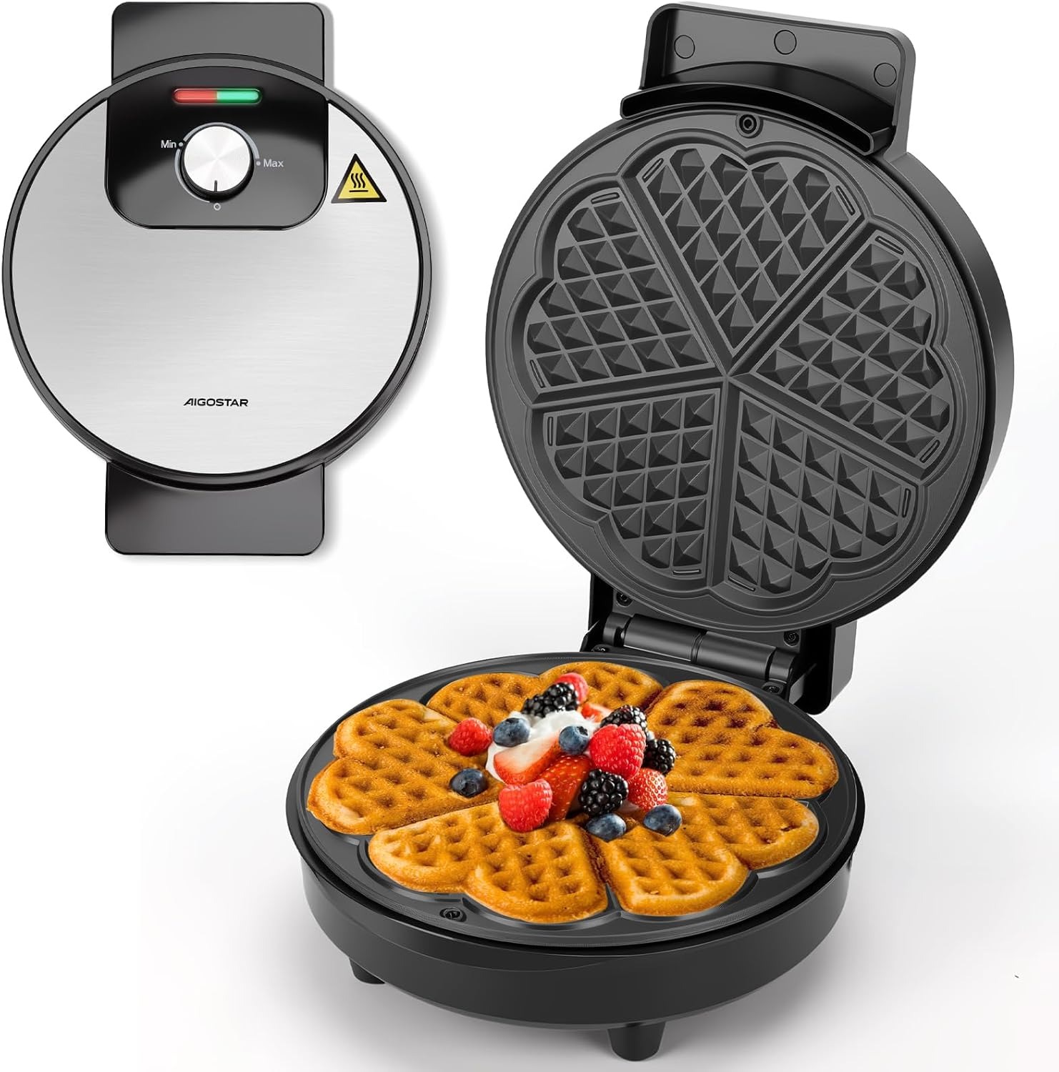 Aigostar Macchina per Waffle a 5 Cuori, 1000W, Piastre Antiaderenti da 19 cm, Cottura Regolabile, Indicatore LED, Maniglie Antiscottatura, Design Compatto in Acciaio Inossidabile, BPA FREE, Crunchy