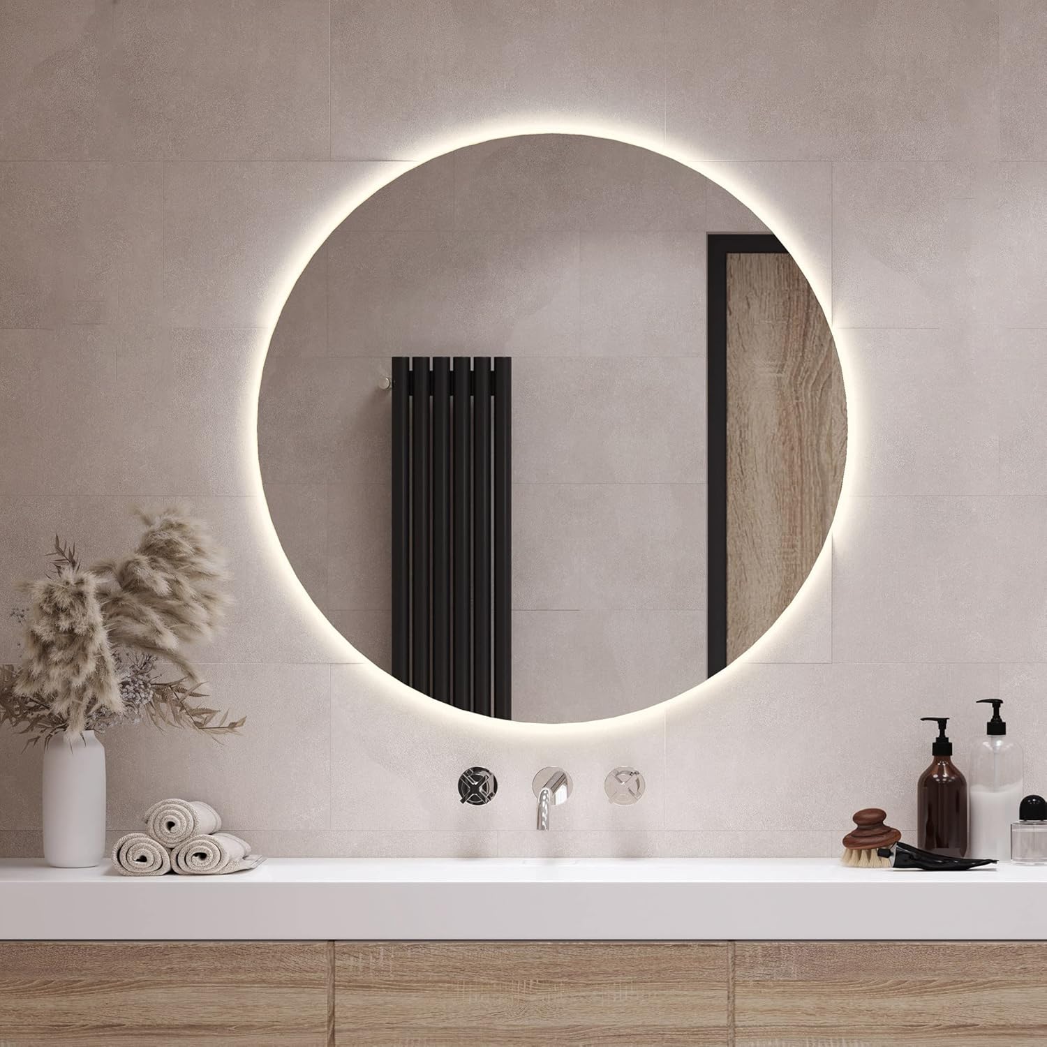 Tulup Specchio da Parete Rotondo 脴 60 cm Vetro Temperato al Bagno Salone Camera da Letto 鈥?Luce Neutro LED