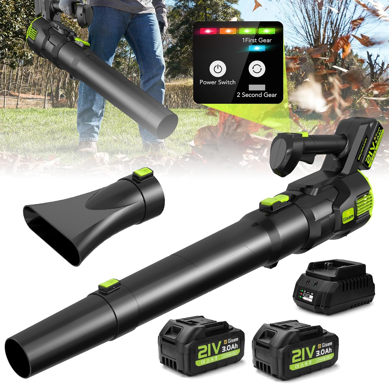 Battery Blower, Gisam Brushless Electric Blower with 2 x 3.0Ah Batteries, Leaf Blower 2 Speeds+Turbo Max Mode 25000RPM, Air Volume 750m³/h for Garden