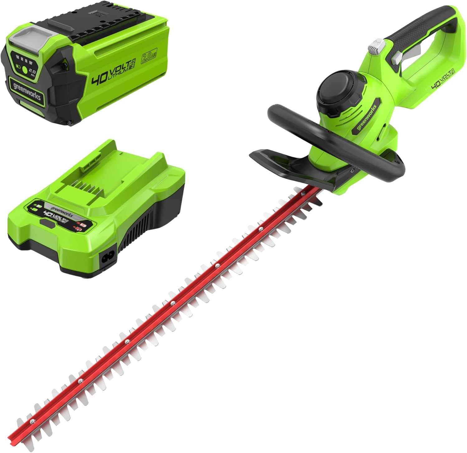 Greenworks G40HT61K2 Tagliasiepi a Batteria, Lame a Doppia Azione da 61cm, Taglia Rami e Steli Fino a 27mm di Spessore, 3000spm, Batteria 40V 2Ah e Caricabatterie, Garanzia 3 Anni