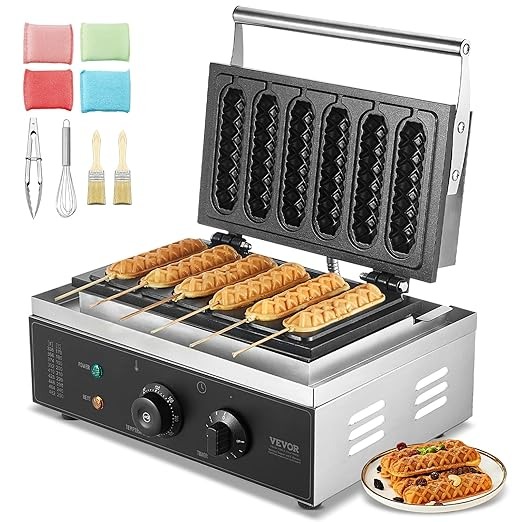 VEVOR Waffle Stick Maker Commerciale, 6 Pezzi 1500W Macchina Waffle Antiaderente in Acciaio Inox per Hot Dog di Mais con Controllo Temperatura Tempo, Maniglia, per Ristorante Panetteria Snack Bar