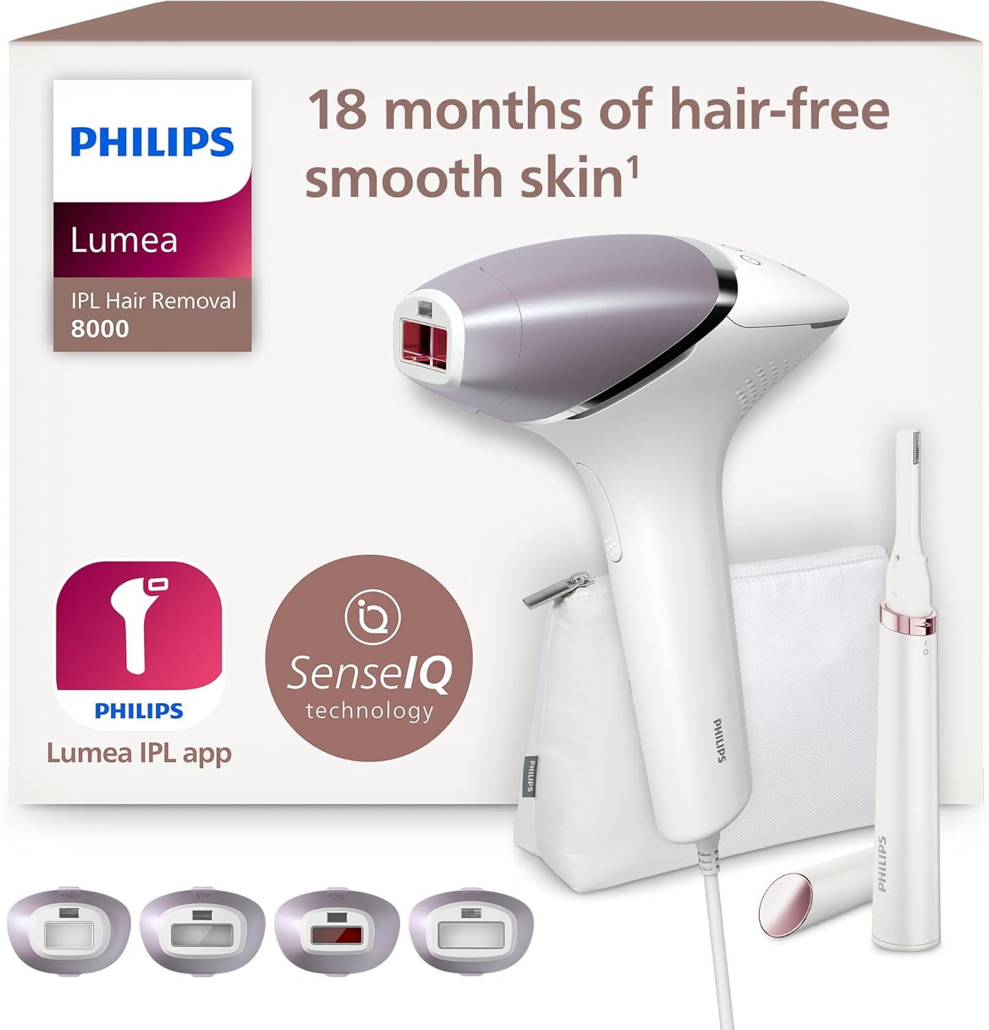 Philips Lumea 8000 Series, dispositivo di epilazione IPL, alternativa ai dispositivi di epilazione laser, con tecnologia SenseIQ, 4 accessori per corpo, rifinitore a penna Satin Compact, BRI949/00