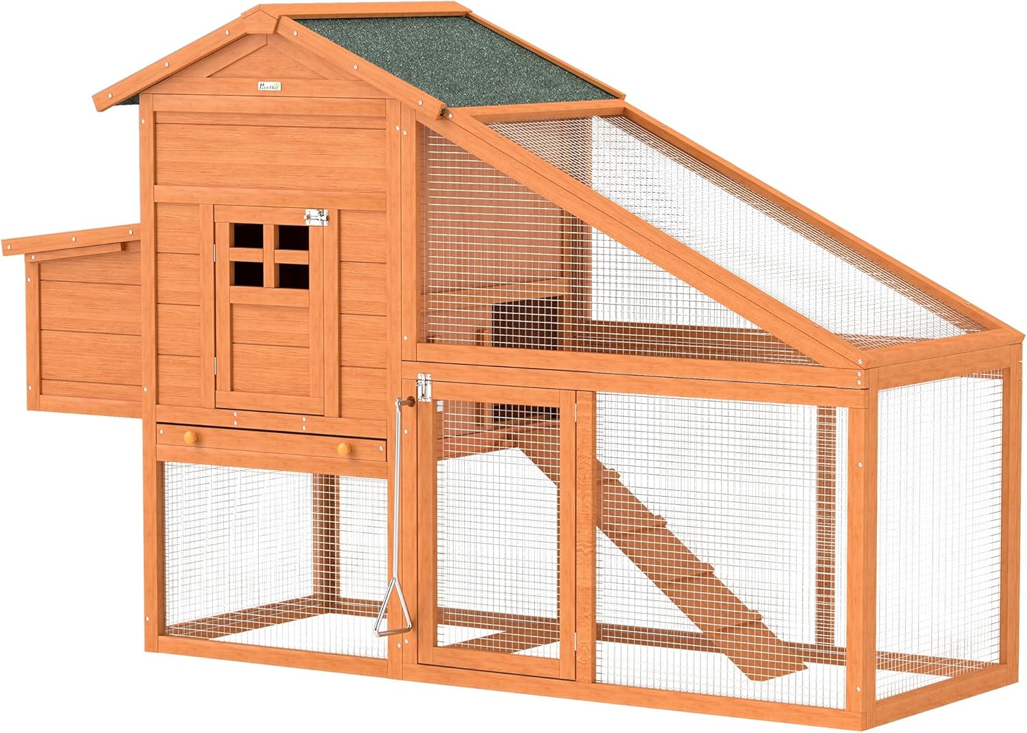 PawHut Pollaio da Giardino in Legno di Abete e Metallo per 1-2 Galline, Pollaio per Galline con Area per Cova, Spazio Aperto e Casetta, 179x67x115 cm, Arancione