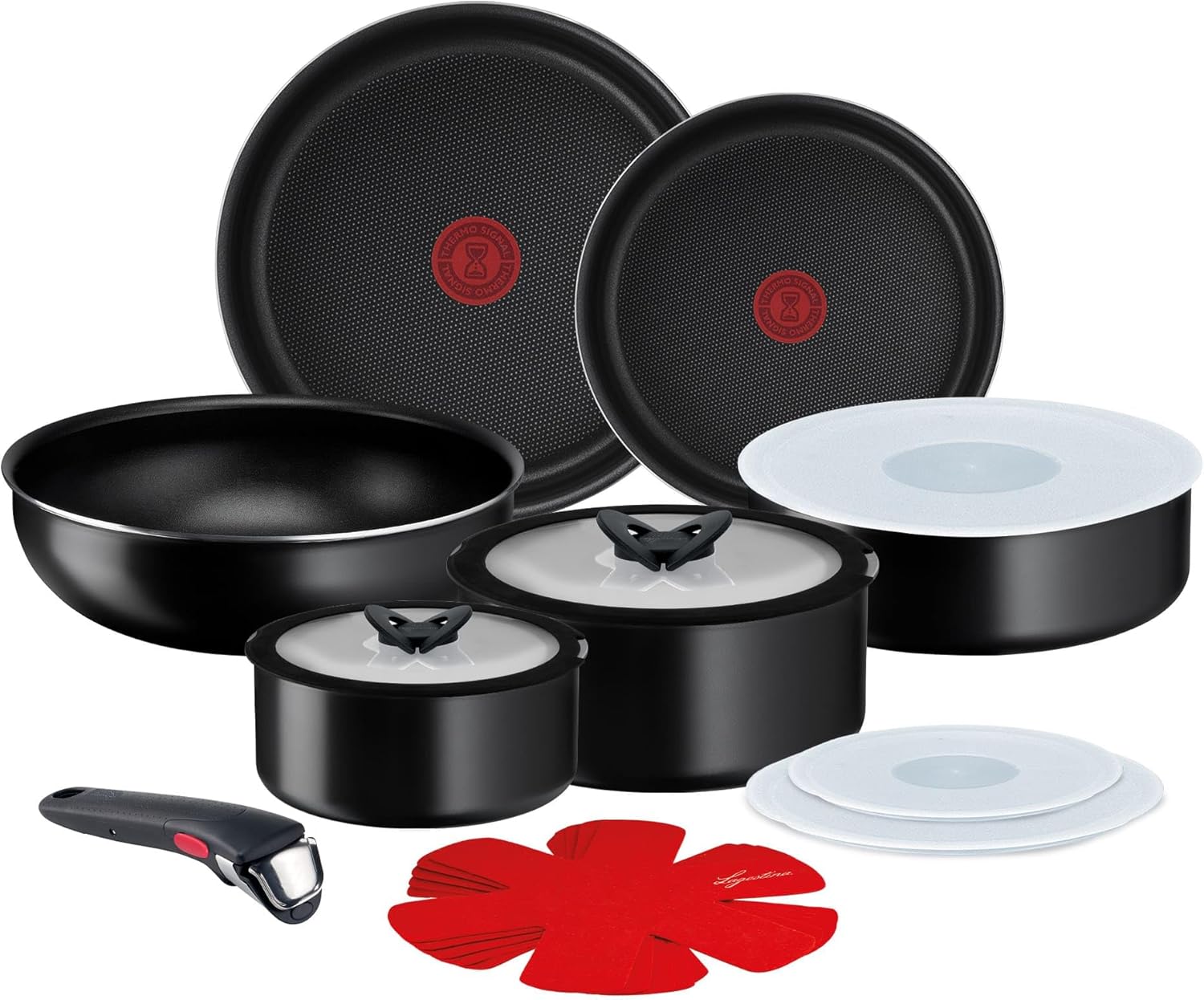 Lagostina Ingenio Essential Plus Cookware Set, Aluminium for Gas and Oven, 17 Pieces, 2 Deep Casseroles, 2 Frying Pans, Wok, 5 Lids, 5 Pan Protectors and Removable Handle
