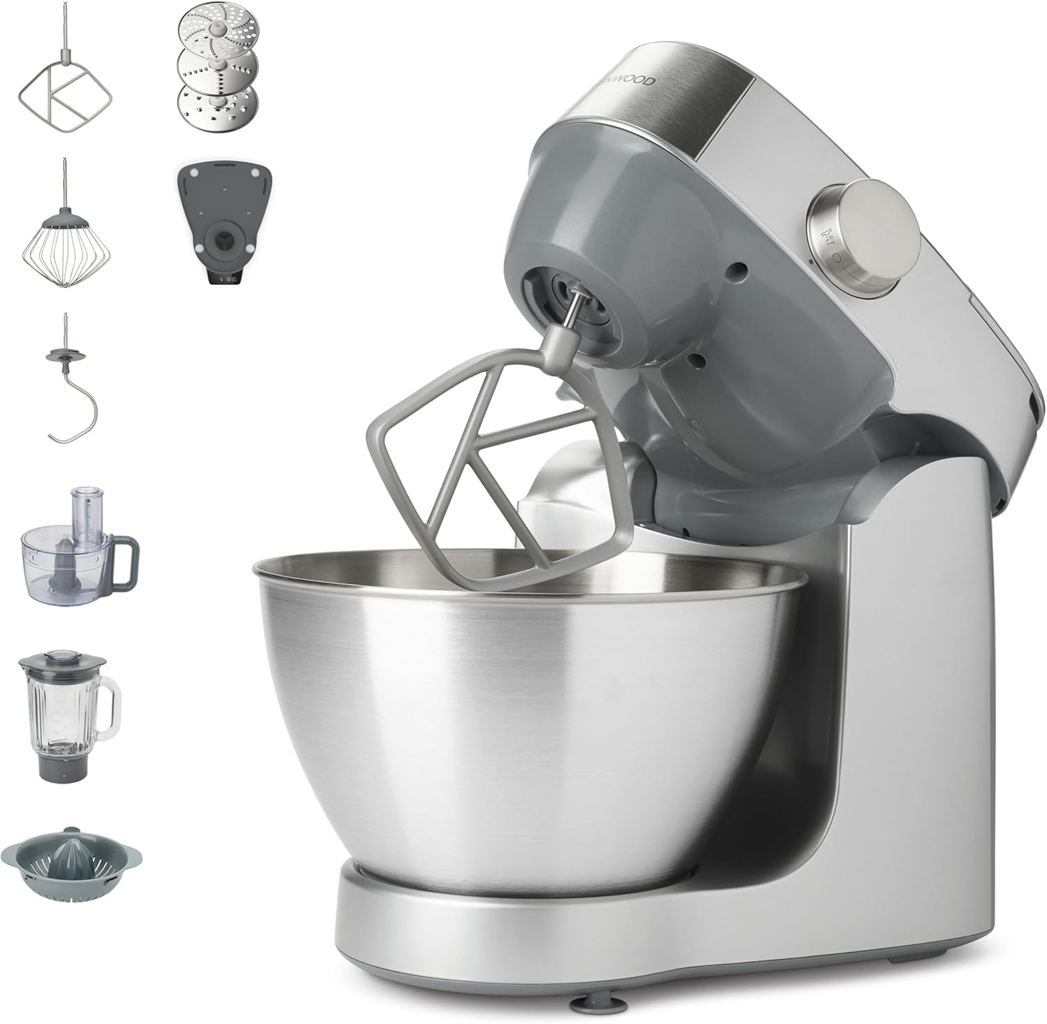 Kenwood Prospero+ KHC29A.O0SI Robot da Cucina, Ciotola in Acciaio Inox da 4,3 L, Incluso Set Accessori 10 Pezzi con 3 Ganci e Fruste, Frullatore Vetro, Food Processor 3 Dischi, Spremiagrumi e Bilancia