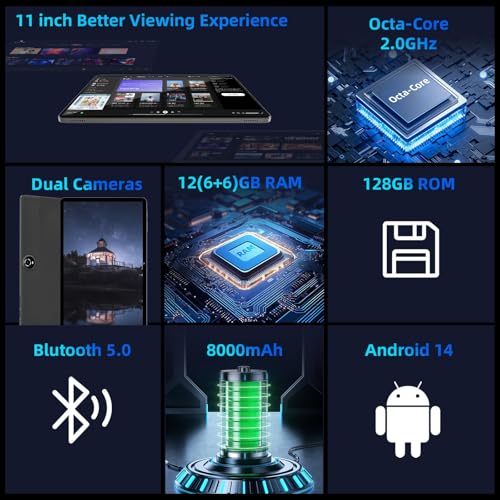 TUOHAITIME Tablet 11 pollici, Tablet Android 14 con processore Octa Core 12GB RAM 128GB ROM, batteria 8000mAh, IPS HD Touchscreen Doppia fotocamera, Bluetooth, WiFi, GPS, Tablet PC con custodia (Blu) : Informatica