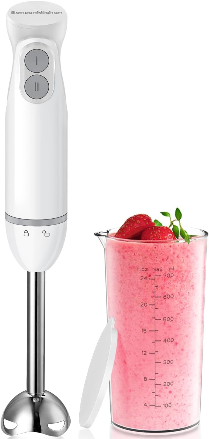 Bonsenkitchen Frullatore a Immersione 2 in 1, Minipimer in acciaio inossidabile da 1000 W, 2 Velocità, con Misurino da 700 ml con Coperchio, per Pappe, Zuppe, Frullati, Puree