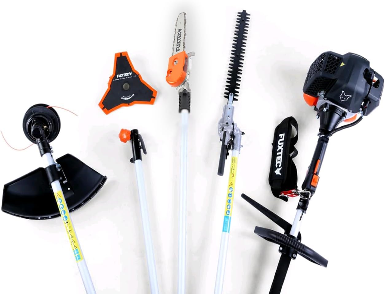 Fuxtec 4 in 1 Multi-Function Petrol Brush Cutter, Hedge Trimmer, Pruning Chainsaw, Lawn Trimmer, Multi-Tool Garden 52cc 2-Stroke Petrol Blend Engine FX-MT152