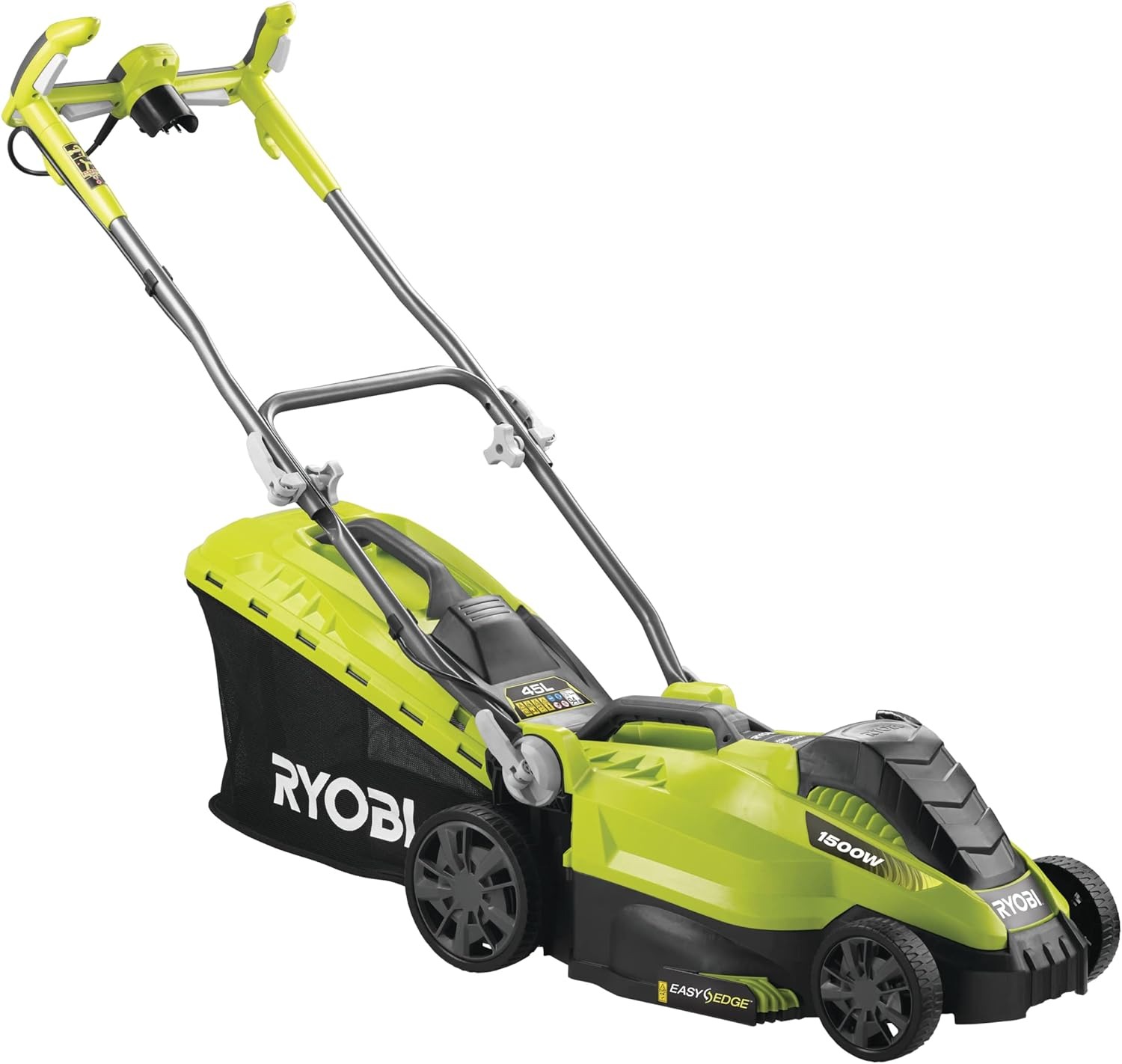 Ryobi RLM15E36H Tagliaerba Elettrico 1500W, Larghezza Taglio 36 cm, 3-in-1: Raccolta, Mulching e Scarico Posteriore, Altezza Regolabile 20–70 mm, Sacco 45L con Indicatore, Impugnatura Ergonomica