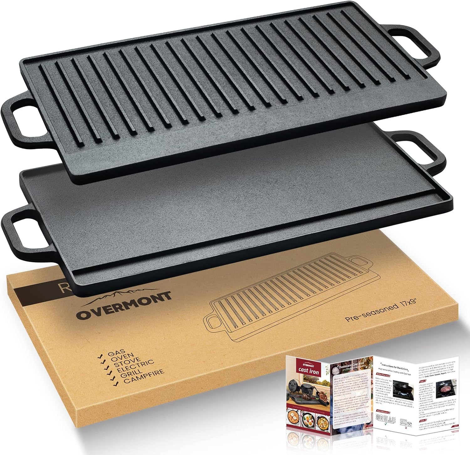 Overmont Reversible Griddle Pan in Pre-Seasoned Cast Iron – Non-Stick Grill Plate with Handles – for Grilling Gas Hob Oven Open Fire – Scraper Included – 43.2 x 24.9 cm