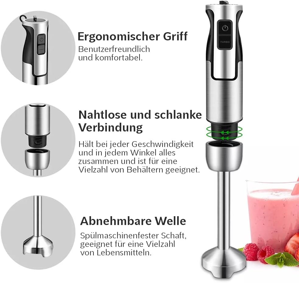 Lehmann Chowmei - Mixer manuale multifunzione con un set di accessori intercambiabili, 1300 W, contenitore dosatore da 600 ml, ciotola da 860 ml, funzione turbo, colore: argento/nero