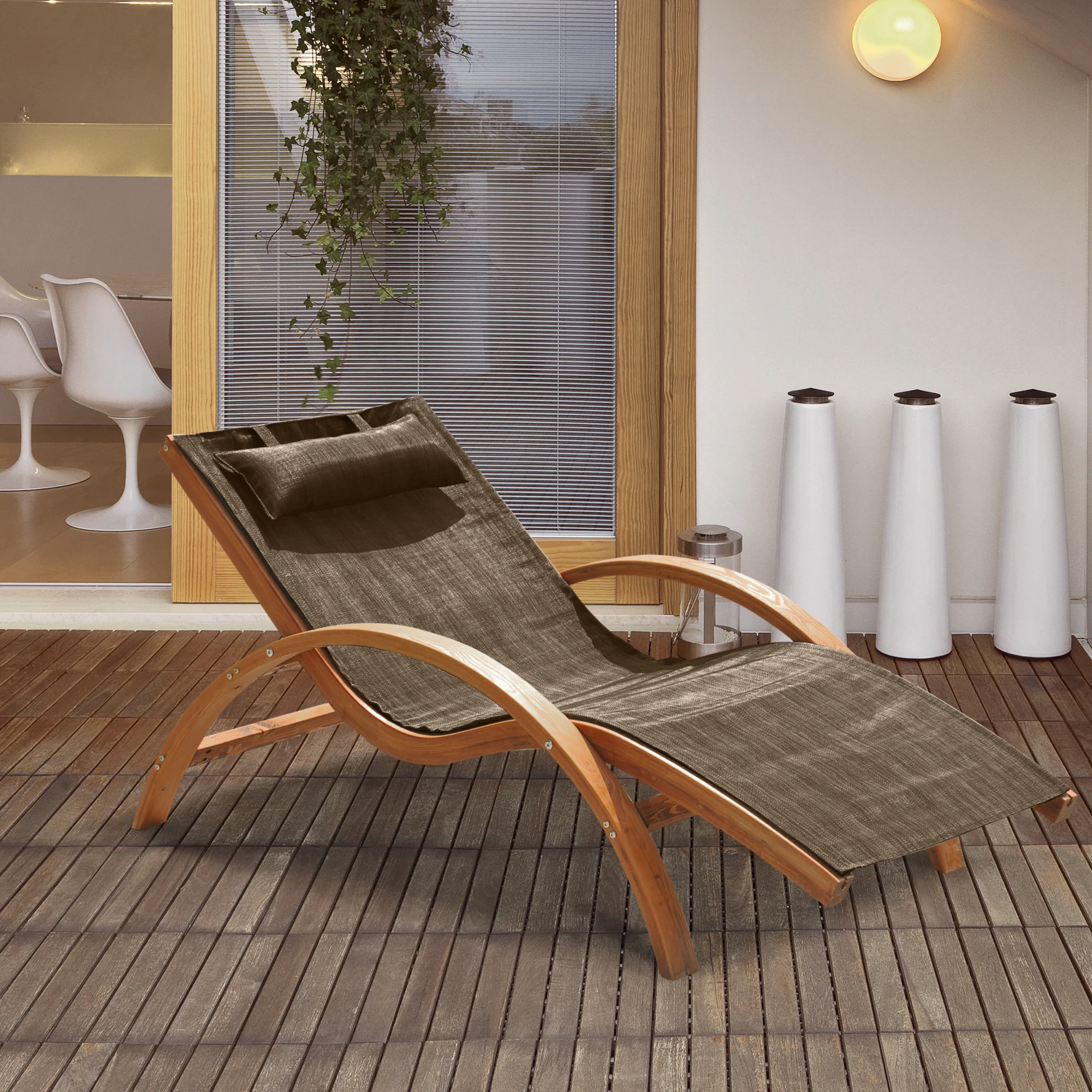 Easycomfort Sdraio da Giardino Ergonomica, Lettino Prendisole con Poggiatesta Imbottito in Legno e Tessuto, 161 x 72 x 68 cm, Marrone