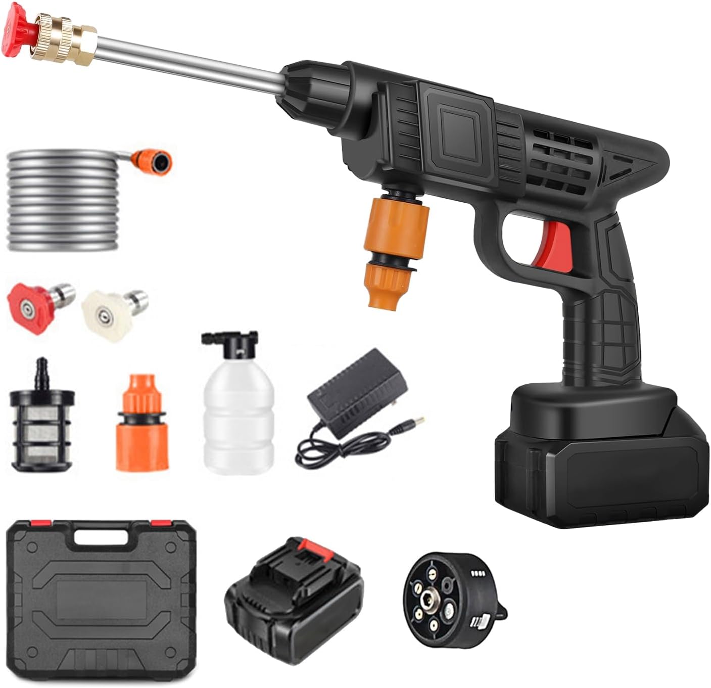 Battery Pressure Washer, Max 90 Bar Portable Pressure Washer with 6 in 1 Multispray Nozzle, 5M Tube, Extension Lance, Outdoor Car Cleaning Tool