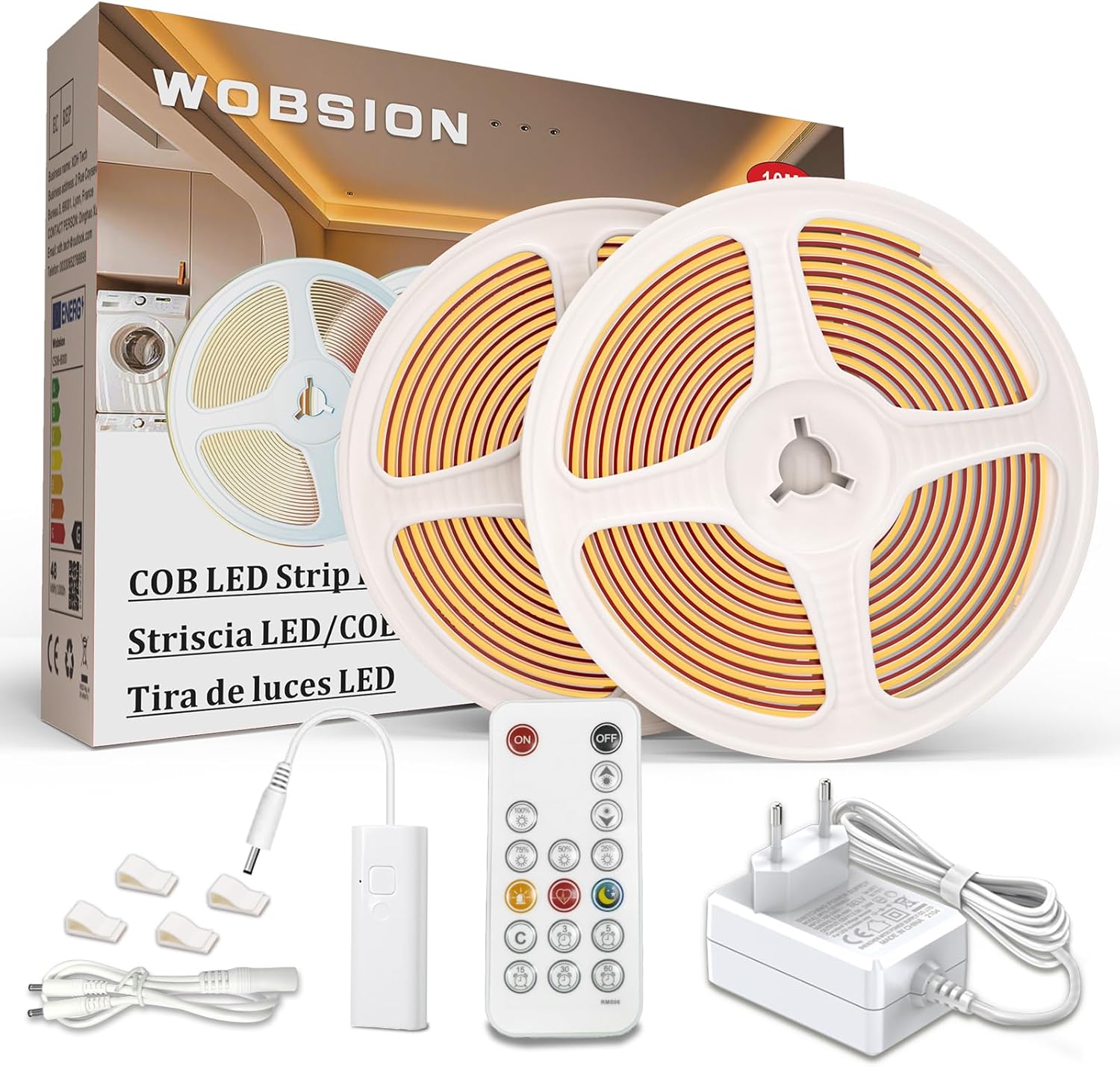 WOBSION Striscia LED Cucina COB 5 Metri Dimmerabile con RF Telecomando,Bianco Naturale Strisce Kit 4000K per Festa,la Casa,Bar,Camera e Armadio,24V GS Alimentatore Luminoso Luci da 320LEDs/M,CRI90+