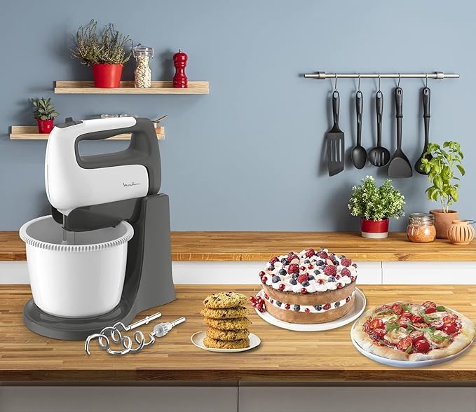 Moulinex HM4641 Prep'Mix+ Sbattitore Elettrico, con Fruste e Ganci Impastatori in Acciaio Inox per Mescolare, Sbattere e Montare, Recipiente Autorotante da 2.5 L, 5 Velocità e Impostazione Turbo