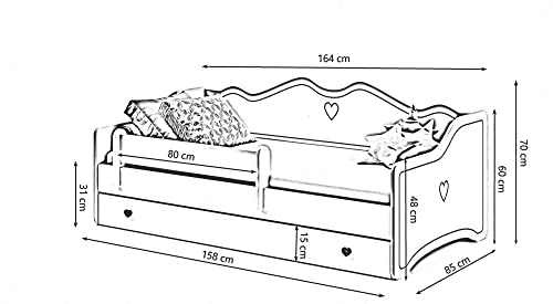 Dmora Letto Singolo per Bambini, Lettino Decorato con cassettone e Protezione anticaduta per cameretta, cm 164x85h70, Colore Bianco e Grigio : Casa e cucina