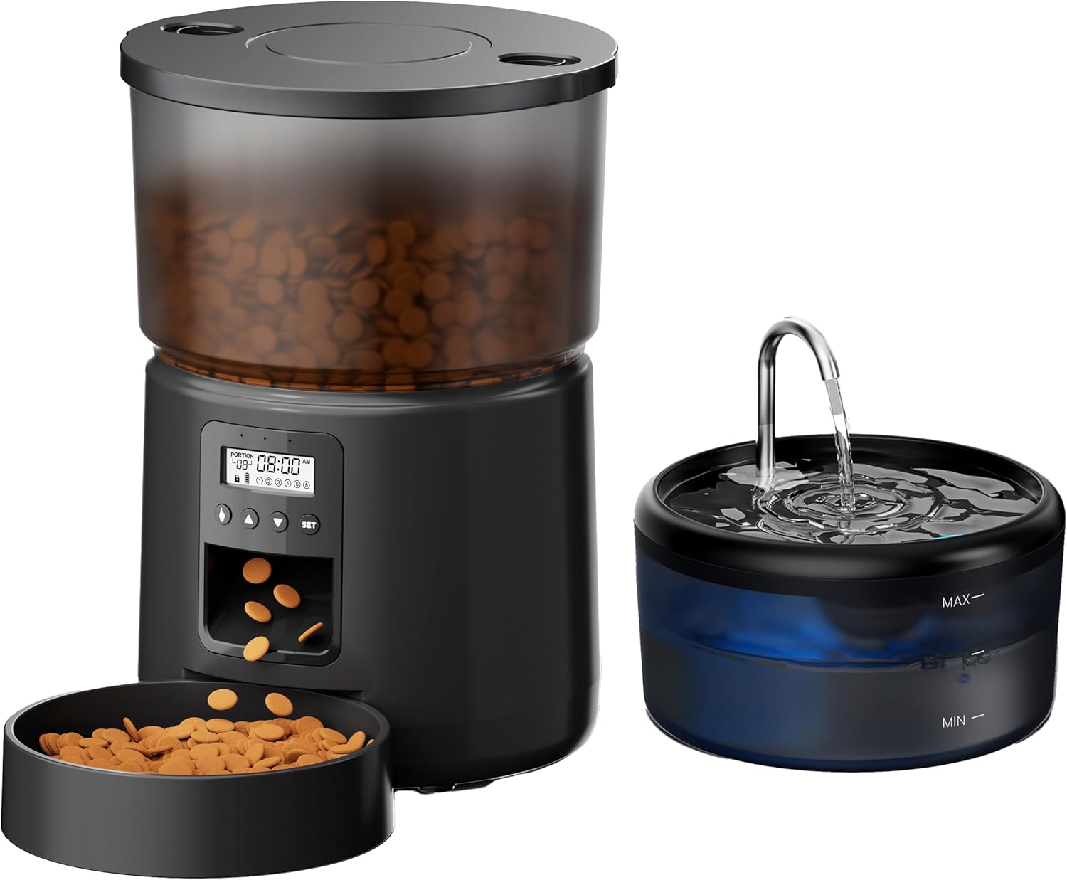 Automatic Cat Food Dispenser and Fountain: Cat Food Dispenser and Fountain for Cats – Dog Feeder Programmable Timer 1-6 Meals – 3L Dispenser for Treats and 2.4L Cat Water Fountain 2 in 1