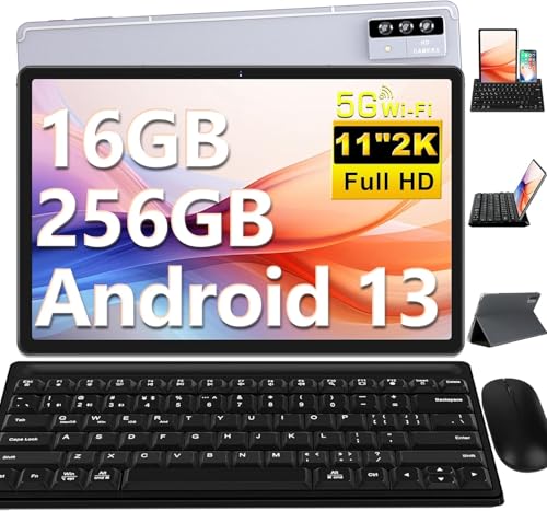 2k  Tablet 11 Pollici Android 13,16GB RAM 256GB ROM (TF 1TB) 5G WiFi, 2000X1200 Pixel, 4 Altoparlantis, Octa Core 2.0Ghz |8600mAh |5 13 2MP |BT 5.0 | 2 in 1 Tablet con Mouse e Tastiera   Grigio : Moda