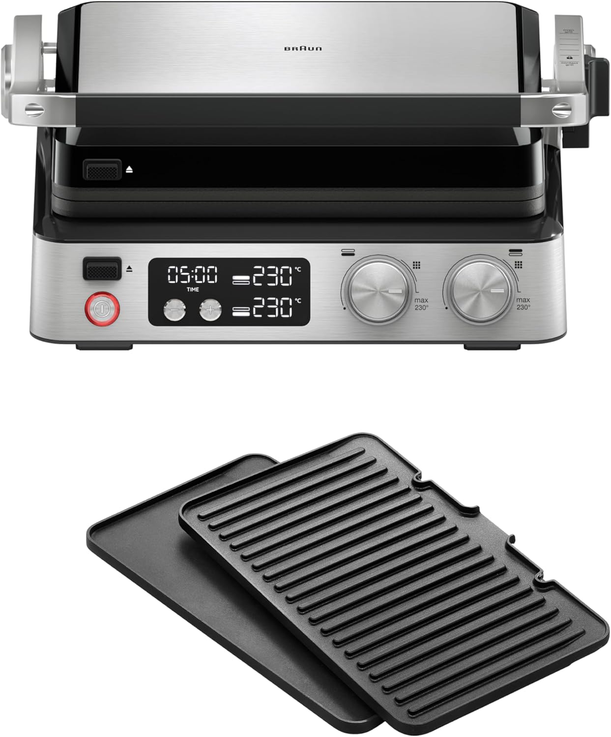 Braun MultiGrill 7 CG 7040, Griglia Elettrica con Controllo Elettronico, 2 Termostati Indipendenti, 3 Posizioni di Cottura, Piastre Lavabili in Lavastoviglie, 2000 W, Nero/Acciaio Inossidabile