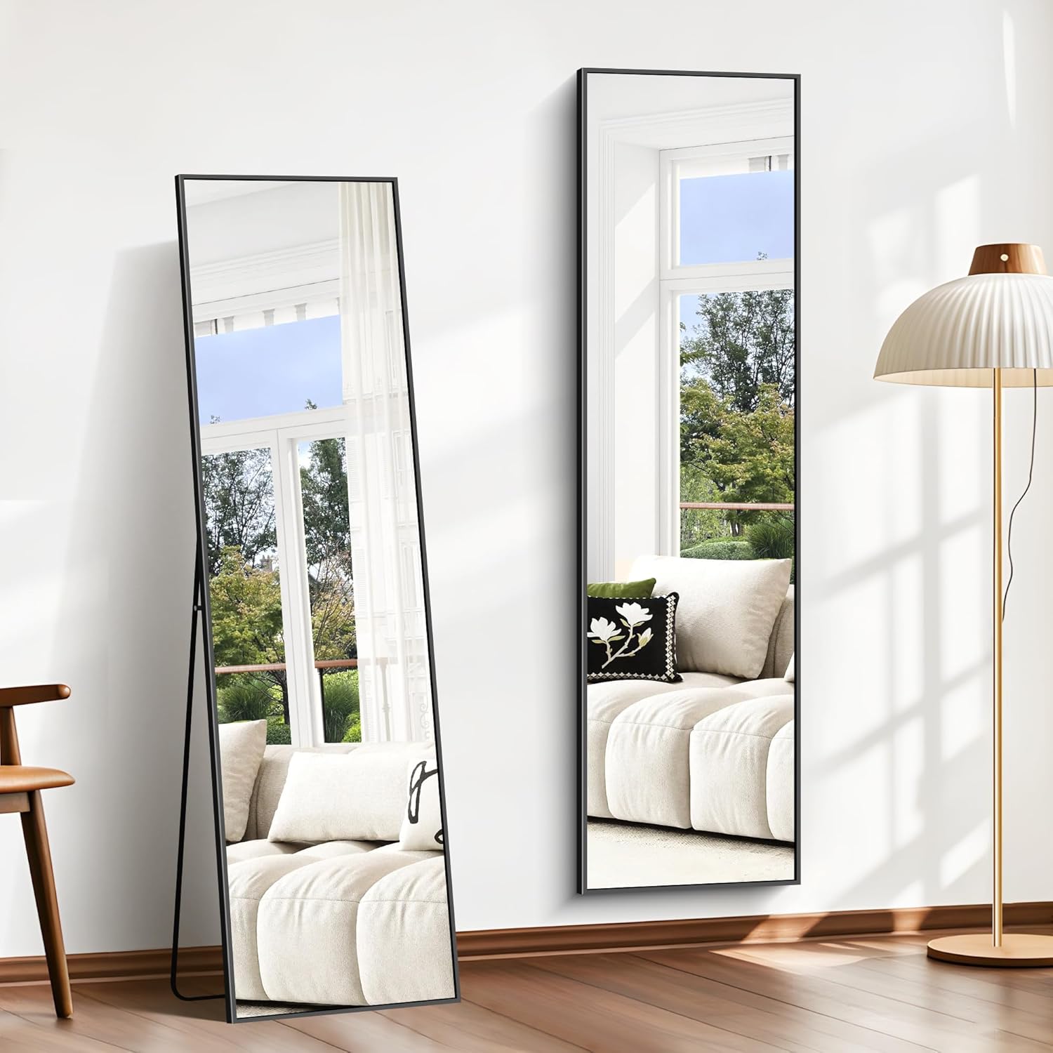 BONEWEI Specchio da Terra 161x52 cm, Specchio Rettangolare a Figura Intera con Cornice in Alluminio Nero, moderno grande specchio da parete in piedi o da appendere, per Soggiorno, Spogliatoio
