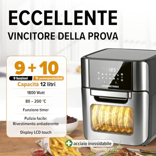 GOURMETmaxx Friggitrice digitale ad aria calda 12 L, forno XXL in acciaio inox | Timer, display touch, spiedo rotante | Frittura a basso contenuto di grassi e a risparmio energetico | 1800 W : Amazon.it: Casa e cucina